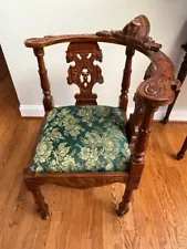 Antique Vintage Victorian Carved Walnut Corner Italian Chair Floral green