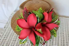 NWT Hawaiian Hula Hair Piece or Lauhala Hat Decoration Red Plumeria Croton XL